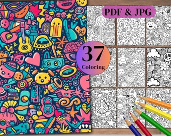 May include: A set of 37 coloring pages featuring a variety of doodle designs. The pages are black and white and feature a variety of fun and whimsical designs. The pages are perfect for adults and children who enjoy coloring.