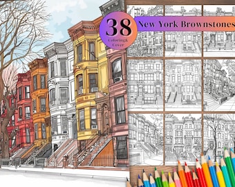 36  New York Brownstones Coloring Books ,A4 Size ,Digital Downloads PDF Files.