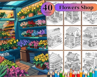 40 Flower Shop Coloring Pages: Grayscale Illustrations (PDF Files)
