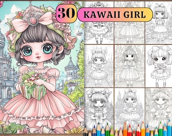 Pode incluir: Um livro para colorir com 30 ilustrações de meninas kawaii. A capa apresenta um vestido rosa e branco com um laço e uma menina com olhos grandes e uma coroa.