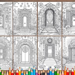 May include: Eight black and white illustrations of ornate doorways with intricate details. Each doorway is framed by a unique architectural design, including arches, columns, and decorative elements. The illustrations are perfect for coloring.
