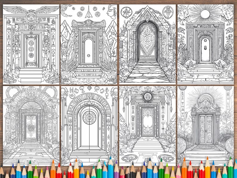 May include: Eight black and white illustrations of ornate doorways with intricate details. Each doorway is framed by a unique architectural design, including arches, columns, and decorative elements. The illustrations are perfect for coloring.