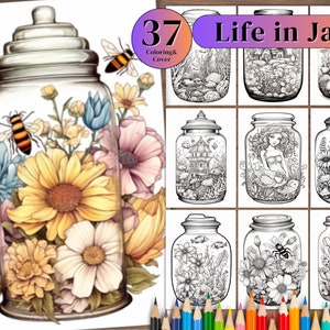 37 Beautiful Life In Jar Grayscale Coloring Pages Bundle , JPEG/PDF , Instant Download.