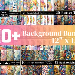 May include: A digital paper bundle with 110+ 12" x 12" designs. The bundle includes a variety of themes, including ocean, back to school, butterfly, magic fairy, evil eye, and wood rustic. The designs are colorful and feature watercolor illustrations.