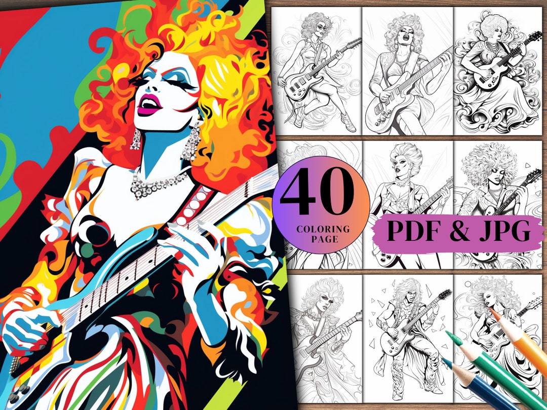 40 Girls and Guitars Coloring Pages, Women and Guitars, Coloring Book