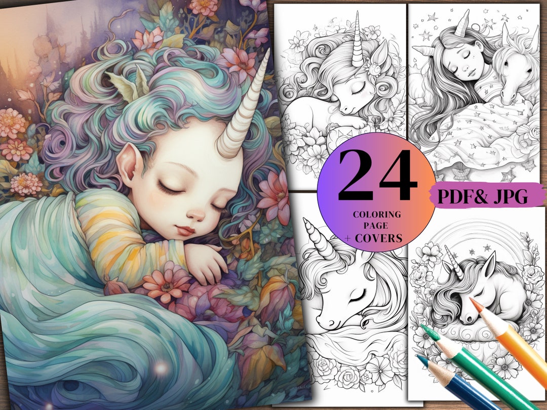 Cute Unicorn Sleep 24 Coloring Pages for Kids, - Etsy