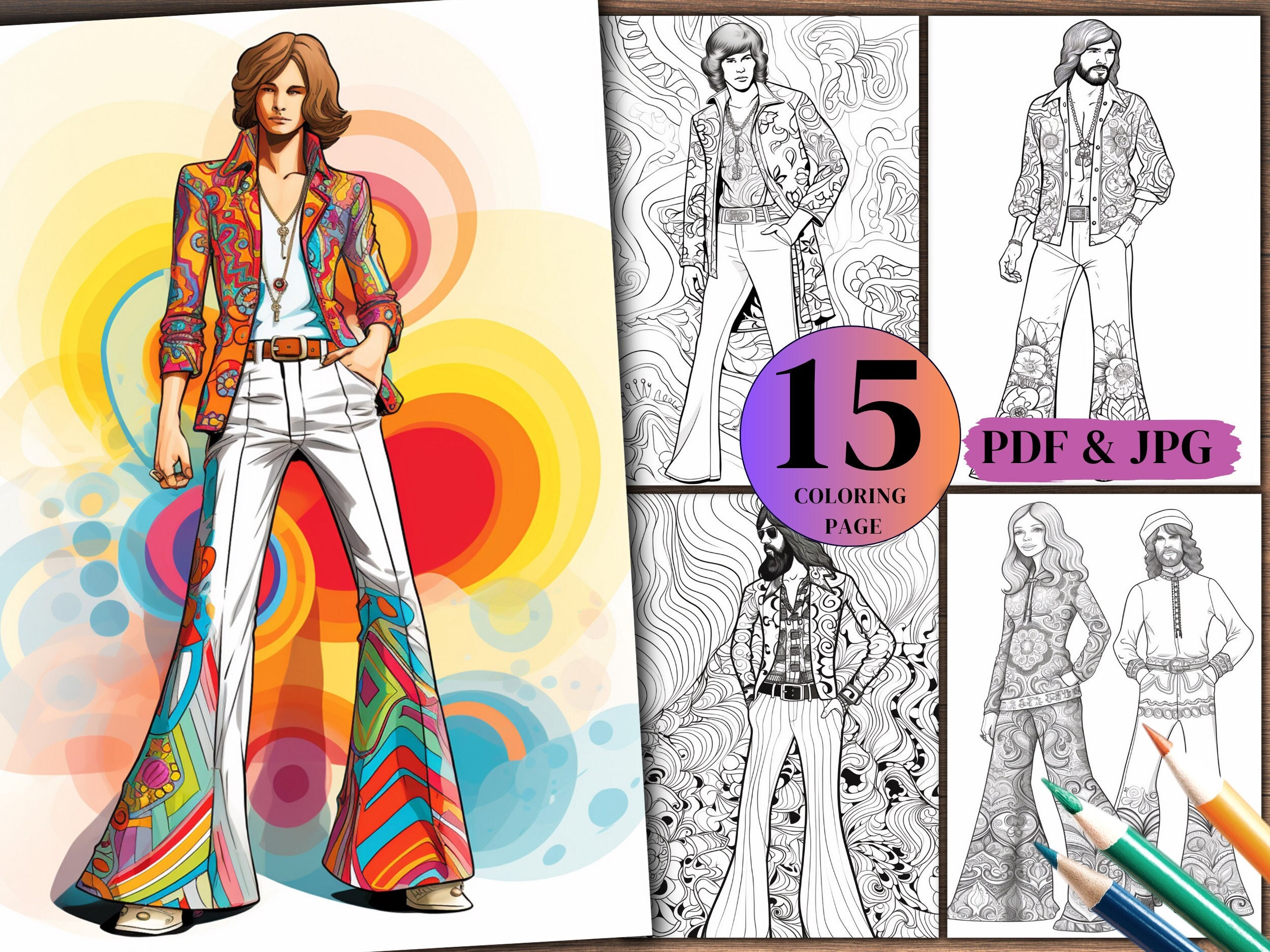 15 Groovy 70s Retro Coloring Pages: Hippie Style (PDF & JPG) - Etsy