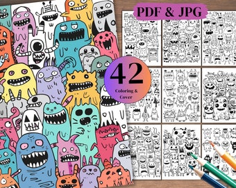 42 Funny Cartoon Doodle Coloring Book: Grayscale PDF & JPG (Digital Downloads)
