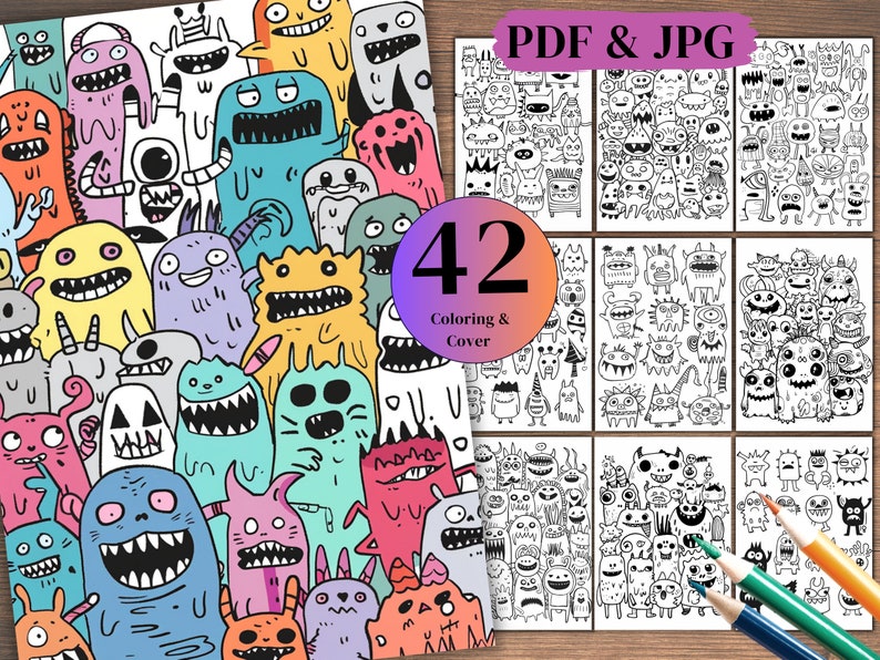 Pdf Cartoon Color 42 Funny Cartoon Doodle Coloring Book: Grayscale PDF & JPG (digital ...