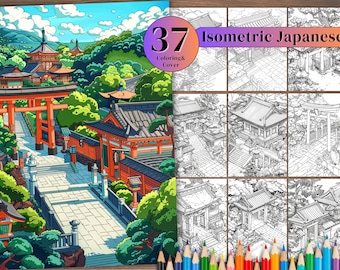 37 Japanese Isometric Store Coloring Book - Intricate Japanese Design for Adults, Digital Download PDF.