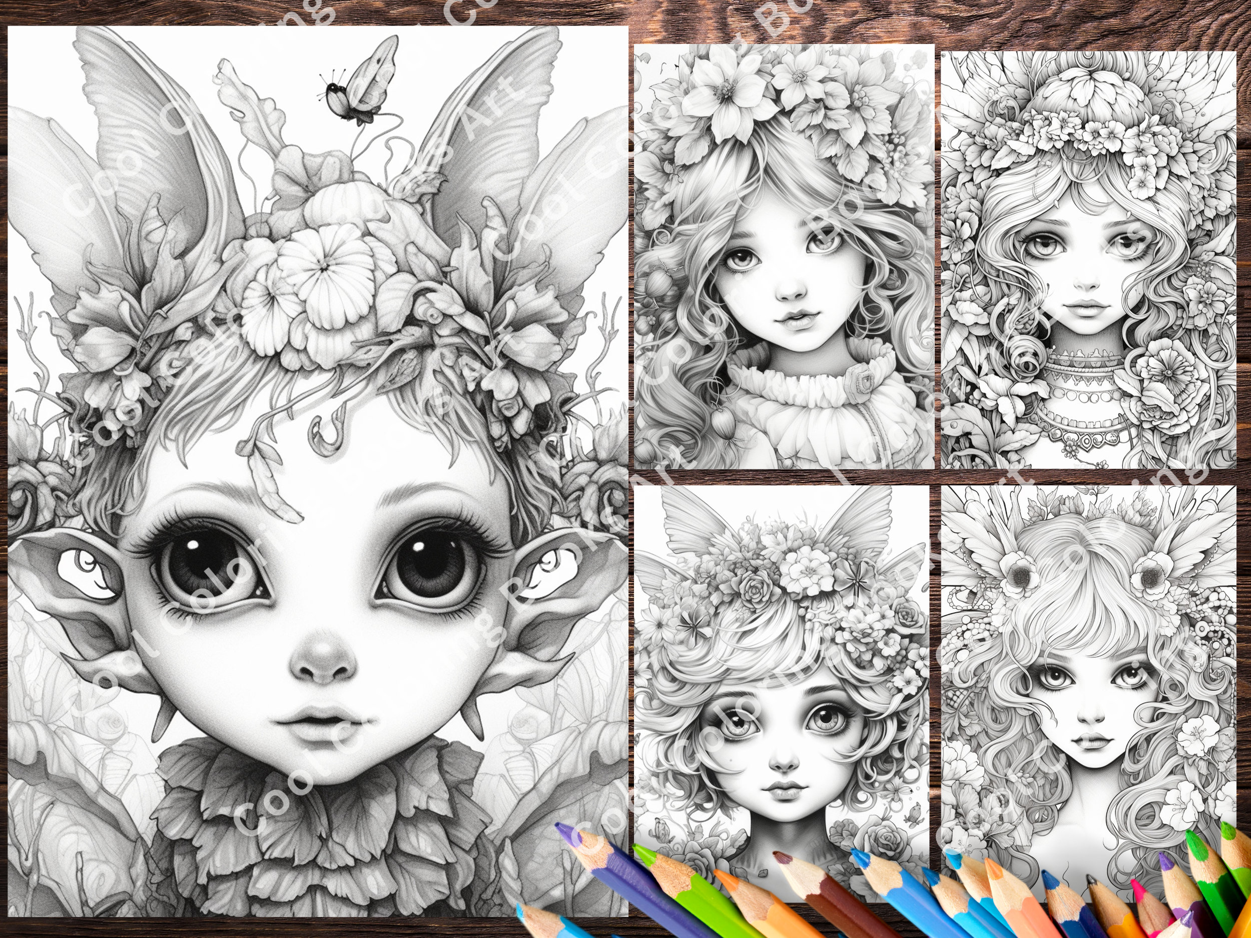 22 Fantasy Fairy Grayscale Coloring Pages for Adults, Kids, Instant ...