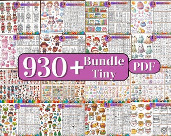 Puede incluir: Un collage de 10 páginas para colorear diferentes, cada una con un tema diferente. Los temas incluyen Cascanueces de Navidad, Verano Kawaii, Estantería Kawaii, Pascua Kawaii, Bubble Tea, Pizza Kawaii, Cuenta atrás de Navidad, Fantasma Kawaii, Comida rápida y Fideos Ramen. El texto "930+ Bundle Tiny PDF" está en el centro del collage.