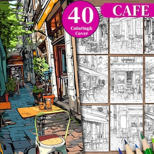 40 Cafe Shop Coloring Book: Grayscale Coffee Shop Pages (PDF)