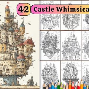 42 páginas para colorear de castillos caprichosos, diseño encantador e inspirado en la fantasía para niños y adultos.