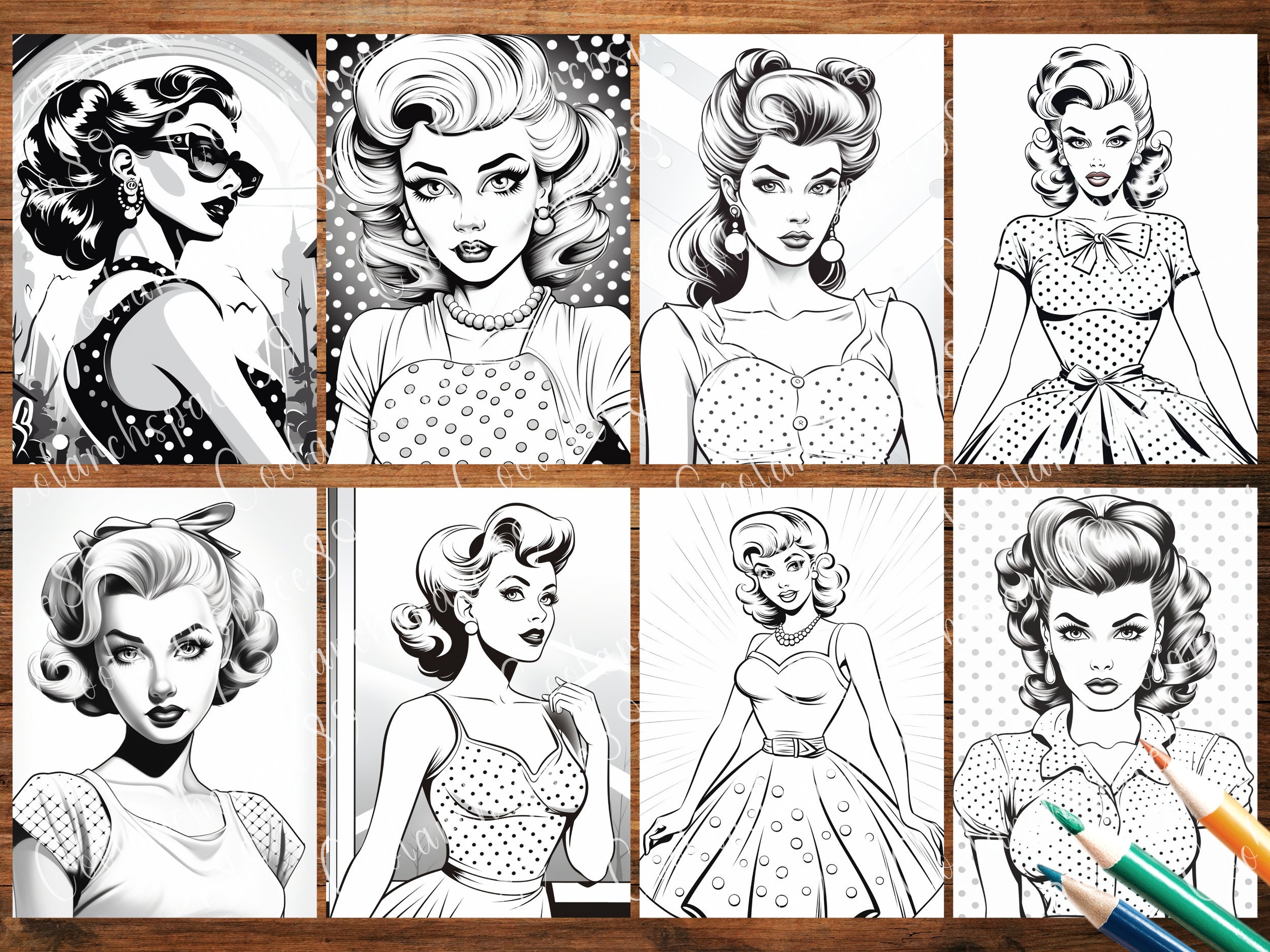 42 Rockabilly Retro Girl Coloring ,adults and Kids, Grayscale Coloring Pages, Instant Download ...