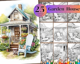 25 Garden House Coloring Pages: Grayscale Illustrations (Printable PDF)