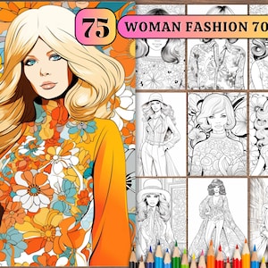 75 枚のレトロな 70 年代の女性のファッション塗り絵 | ヴィンテージ風の服装とパターン | ノスタルジックなスタイルを愛する人のためのリラックスできる塗り絵ページ。