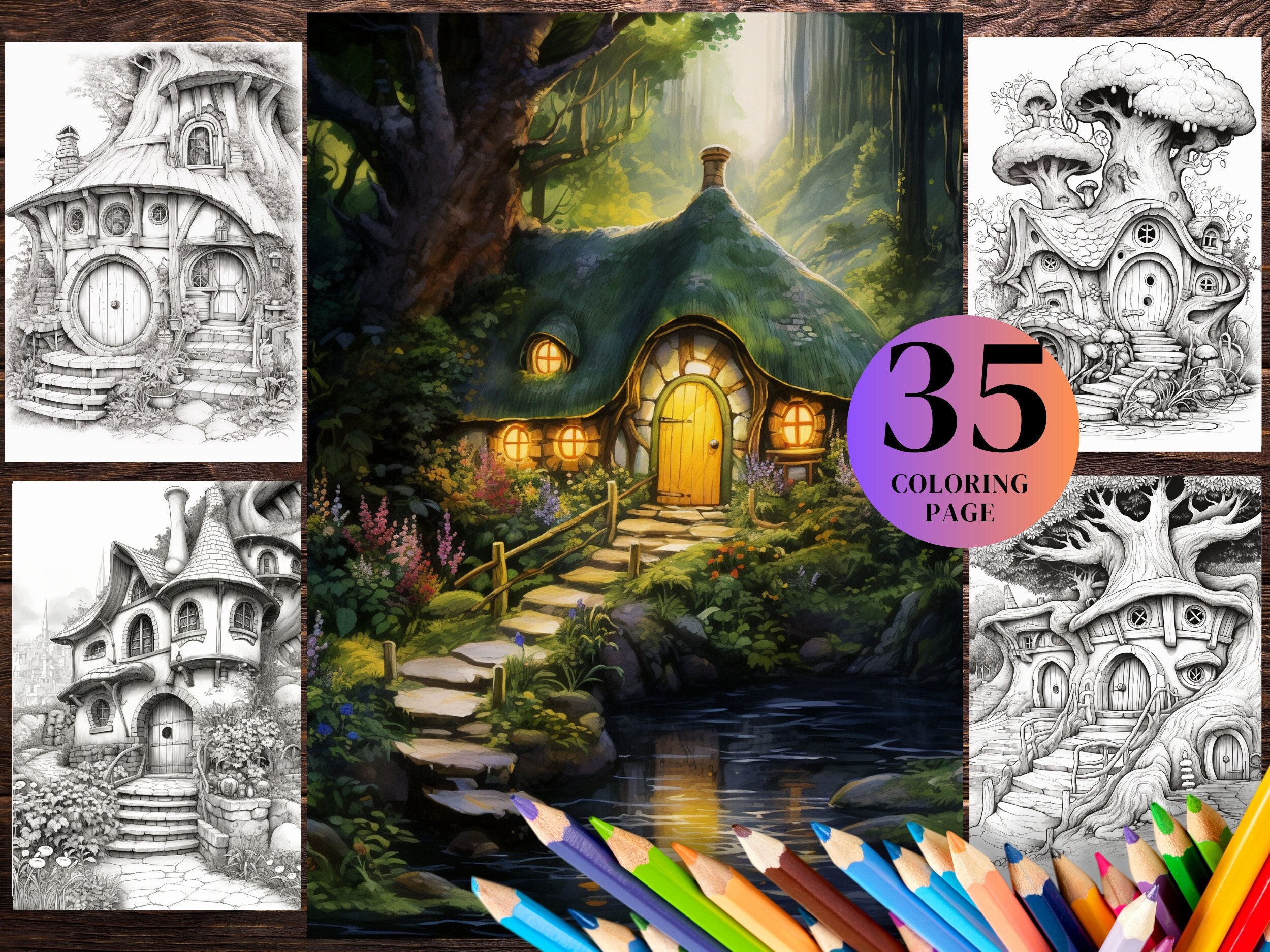 35 Hobbit Hole House Coloring Page Book, Printable PDF Sheets and JPG ...