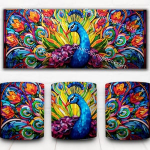 Stained Glass Peacock Mug Wrap: 11oz Sublimation Design (Digital Download)