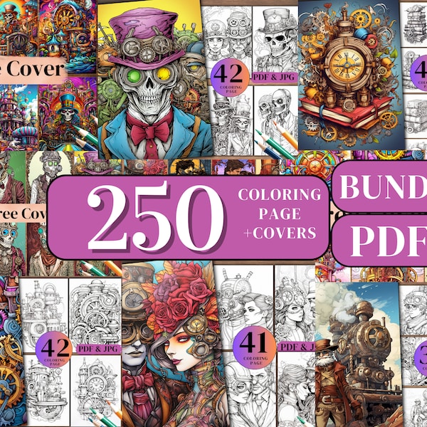 250 MEGA BUNDLE  Steampunk Coloring Pages for Adults and for Kids Victorian Art Colouring Book