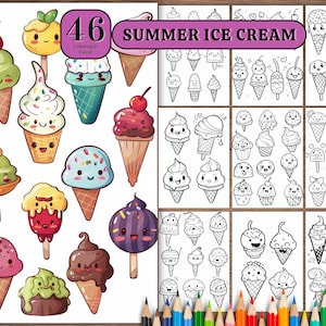 Może przedstawiać: Okładka książki do kolorowania z 46 różnymi ilustracjami lodów w wafelkach, lodów na patyku i innych mrożonych smakołyków. Okładka zawiera tekst "SUMMER ICE CREAM" na fioletowym banerze.