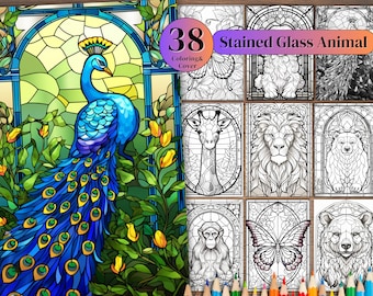 May include: A vibrant illustration featuring a peacock in a stained-glass window, surrounded by lush greenery. The image also showcases a collection of coloring pages with various animals, including a lion, giraffe, and bear. The text reads "38 Coloring & Cover" and "Stained Glass Animal."