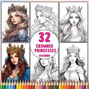 Crowned Princesses Coloring Book: 32 Royal Fairytale Pages (Digital Download PDF)