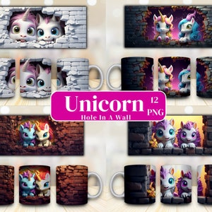 12 PNG 3D Baby Einhorn Loch in einer Wand Becherverpackung, 11 Unzen Bechervorlage, Becher Sublimationsdesign, Becherverpackung Vorlage, sofortiger digitaler Download PNG.