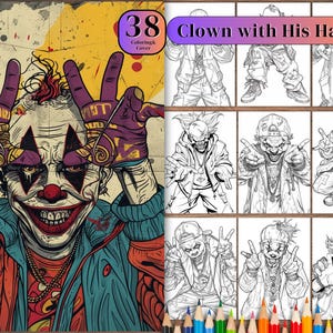 38 Clown with His Hands Coloring Book, Printable PDF, Horror Gothic Circus Clown Coloring Pages,  Coloring Book for Adults and Kids.