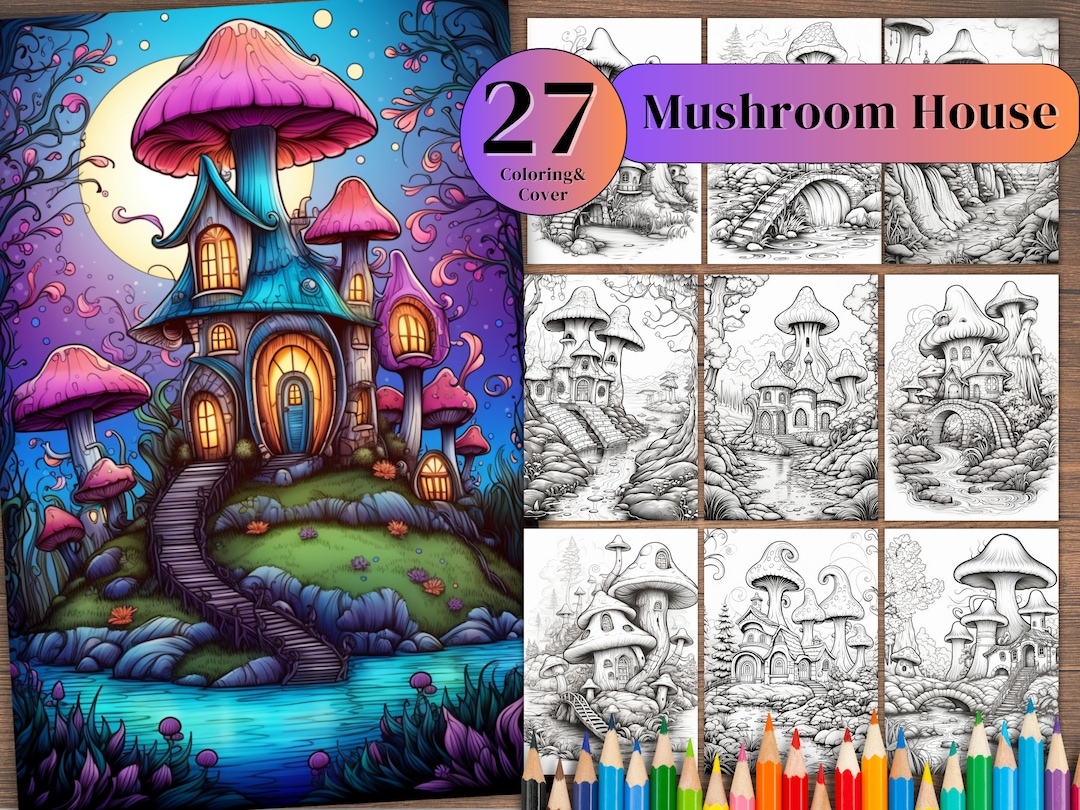 Fairy Mushroom Houses Coloring Book: 27 Printable Grayscale Pages (PDF ...