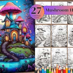 27 Magical  Fairy Mushroom Houses Coloring Book, Printable Fairy Houses Coloring Pages, Grayscale Coloring Book for Adults,PDF Files.