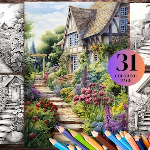 31 Cottage Gardens - Adults Coloring Pages, Instant Download, Grayscale Coloring Book, Printable PDF and JPG Files .