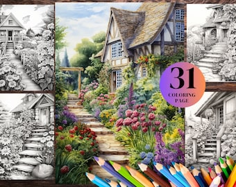 31 Cottage Gardens - Adults Coloring Pages, Instant Download, Grayscale Coloring Book, Printable PDF and JPG Files .