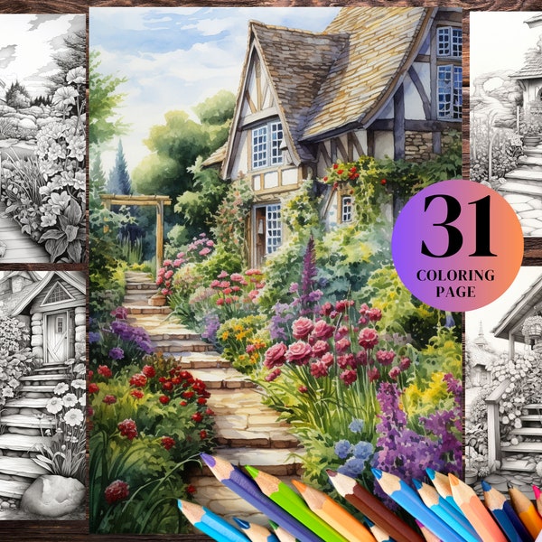 31 Cottage Gardens - Adults Coloring Pages, Instant Download, Grayscale Coloring Book, Printable PDF and JPG Files .