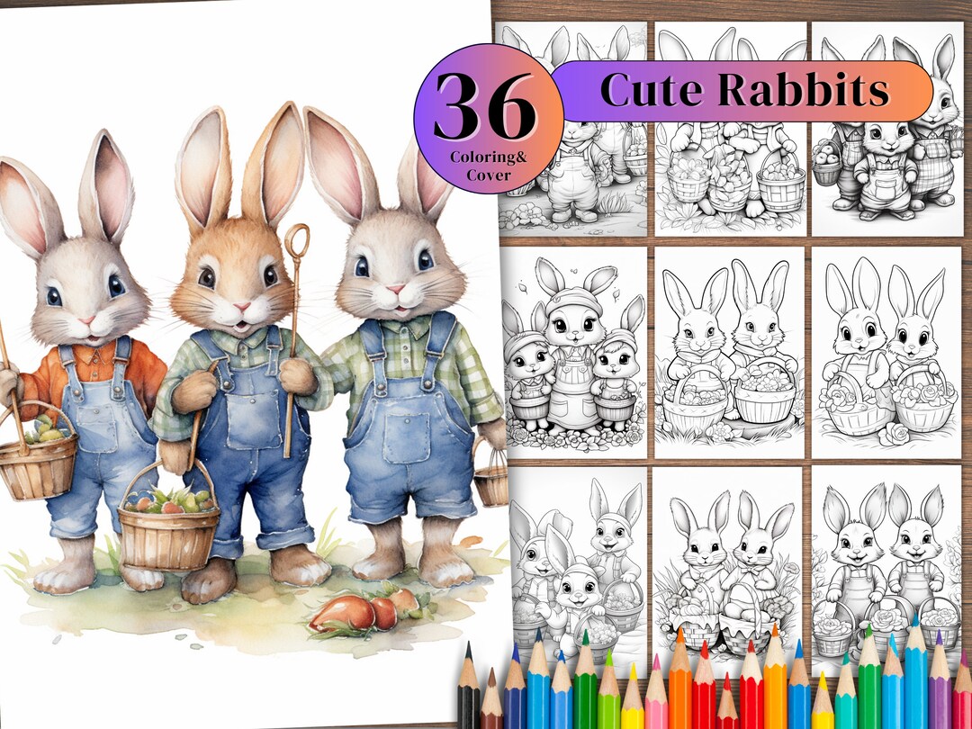 36 Cute Rabbits Coloring Book, Coloring Pages, for Adults and for Kids ...