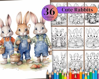 Rabbits Coloring Book, Grayscale Illustrations (Printable PDF)