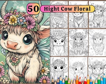 50 Highland Kuh florale Ausmalbilder: skurrile Bauernhoftiere (PDF)