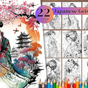 22 Graustufen Japanisches Geisha Malbuch, druckbare Malseiten für Erwachsene, druckbare PDF-Datei, Digitaldruck.
