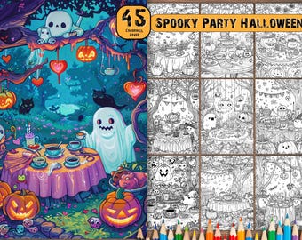 May include: A set of 45 coloring pages featuring a spooky Halloween party theme. The pages depict a whimsical scene with ghosts, pumpkins, and other Halloween characters enjoying a tea party in a forest setting. The coloring pages are perfect for kids and adults who love Halloween.