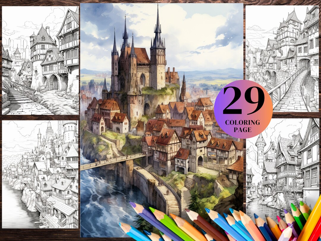 29 Medieval Villages Historic Architecture Coloring Book for Adults ...