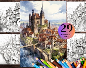 Libro para colorear de una aldea medieval: Arquitectura de castillos fantásticos (Descarga en PDF)