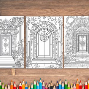 May include: Three black and white coloring pages featuring intricate designs of doorways with ornate details. Each doorway is framed by a decorative archway and features a central door with a circular design.