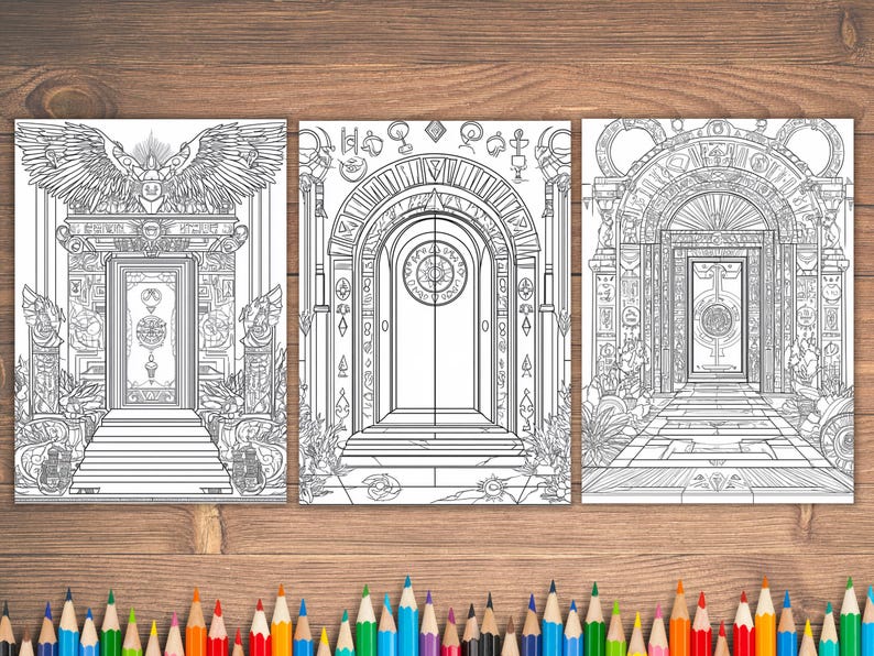 May include: Three black and white coloring pages featuring intricate designs of doorways with ornate details. Each doorway is framed by a decorative archway and features a central door with a circular design.