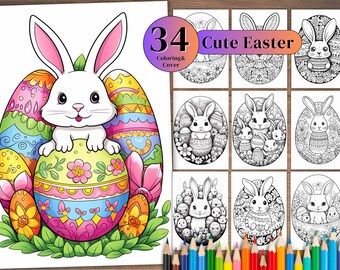 34 Easter Coloring Pages, Hand-Drawn Doodles (PDF & JPG