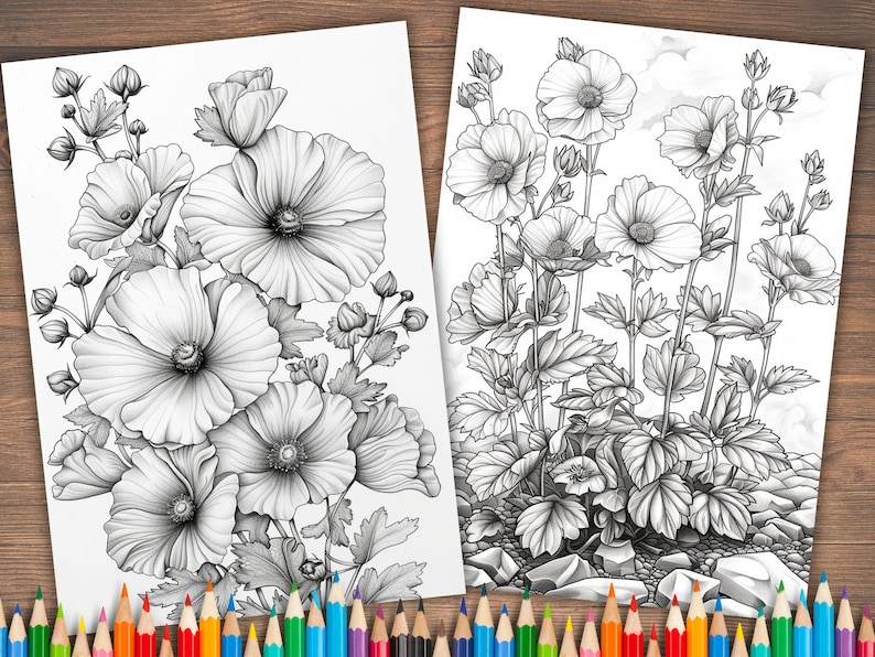 50 Flowers Coloring, Flower Coloring Pages, Flower Coloring Book