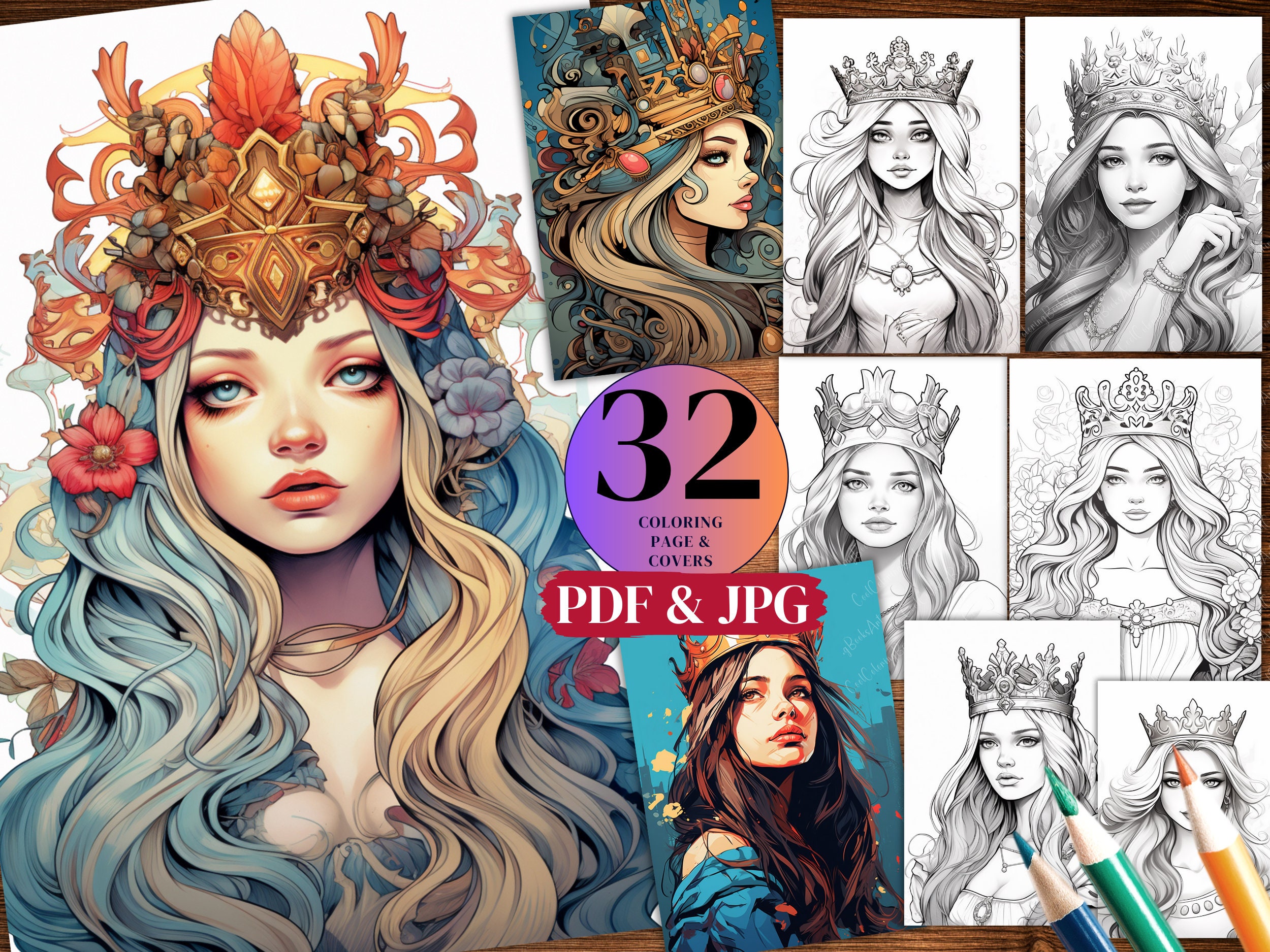 32-crowned-princesses-coloring-pages-for-adults-and-kids-grayscale