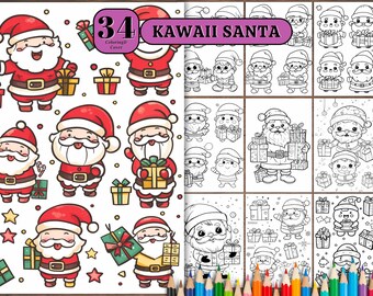May include: A coloring book with 34 pages featuring kawaii Santa Claus illustrations. The cover shows a cute Santa Claus with a red hat and a white beard, holding a gift box. The title of the book is "Kawaii Santa".