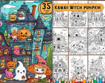 35 Halloween Kawaii Witch Pumpkin Coloring Pages (PDF)