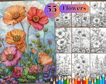 May include: A coloring book cover featuring a colorful illustration of flowers. The cover has the title "55 Flowers" and the text "Coloring & Cover".