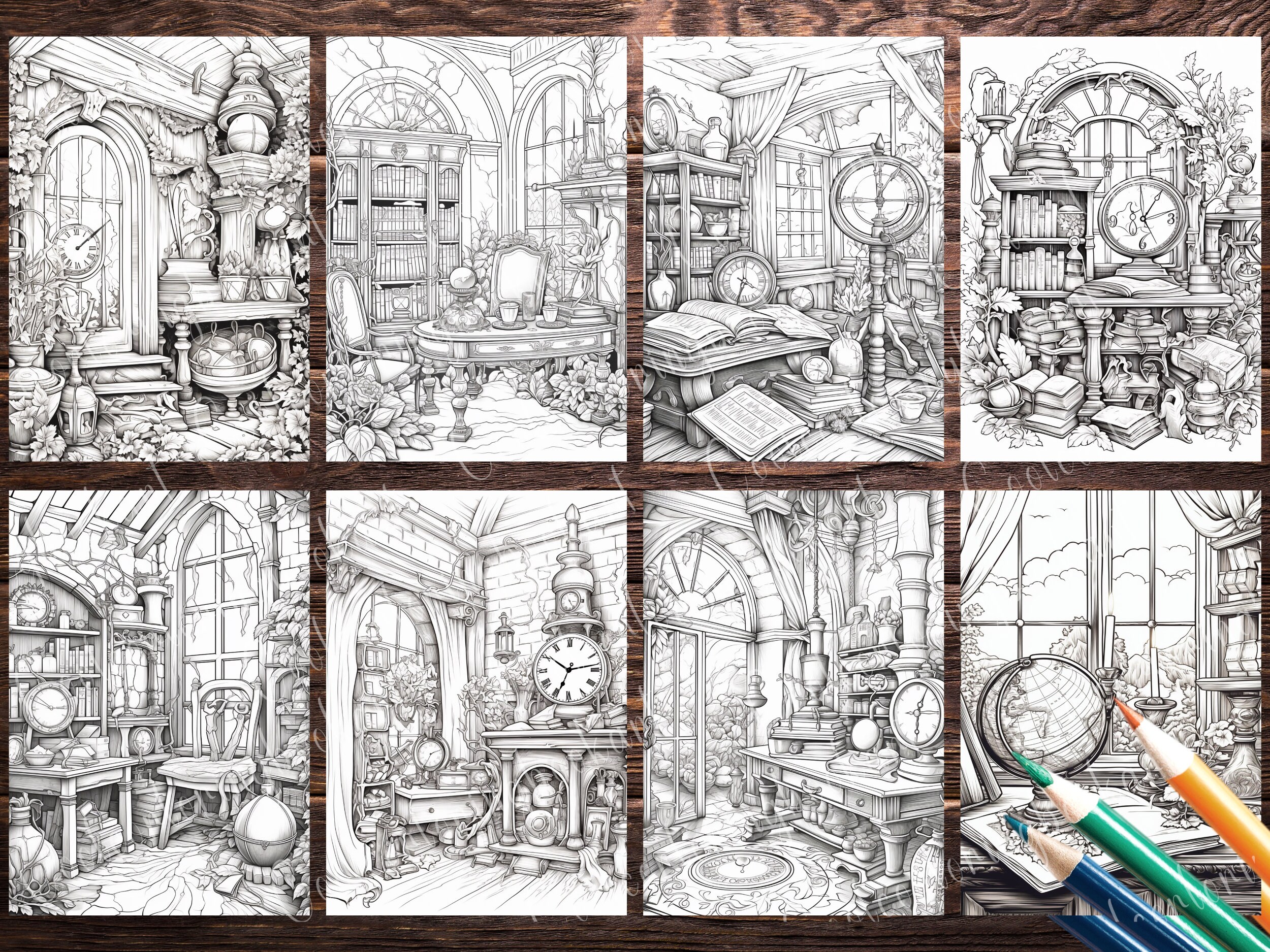 40 Room Coloring Pages, Interior Isometric Coloring Printables, Pocket